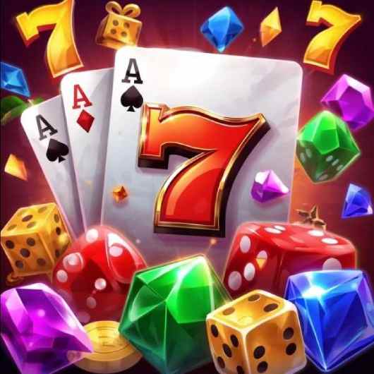 Colorful casino illustration with playing cards, dice, gems, and a large red number seven.